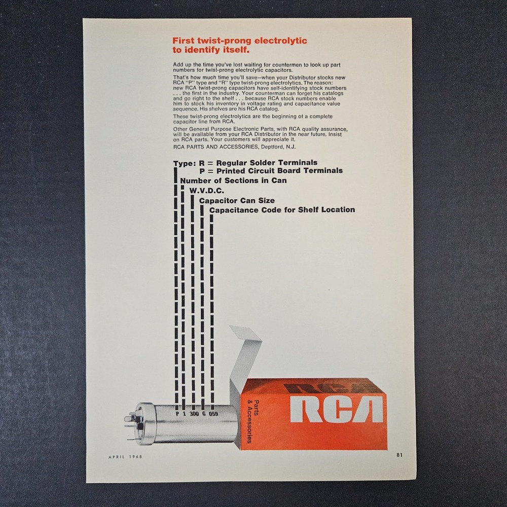 1968 RCA Twist-Prong Electrolytic Capacitors Vintage Print Ad Deptford NJ Shop